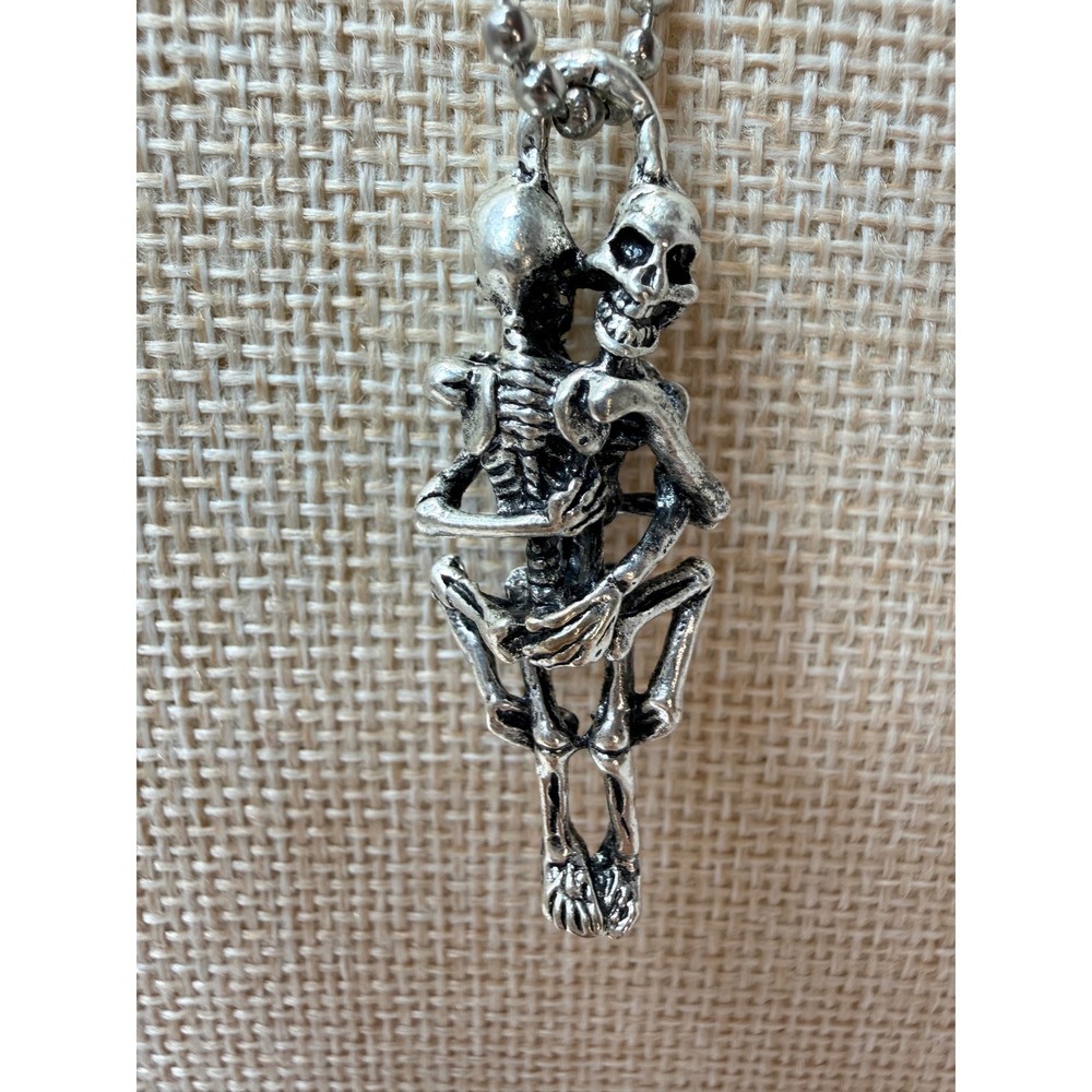 Hugging Skeletons Pendant Necklace Silver Tone Gothic Lovers Ball Chain 23 Inch